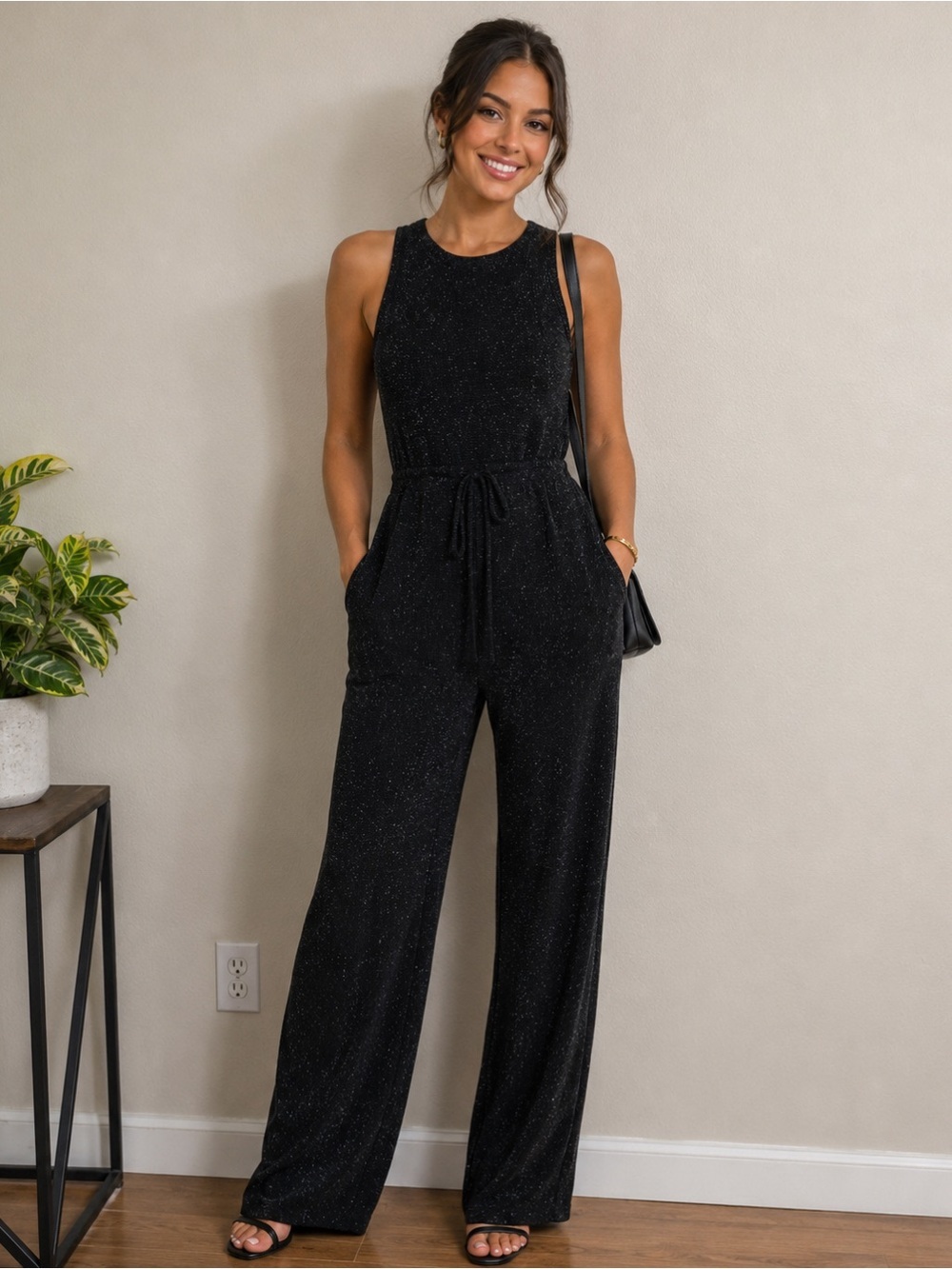 Ronny Kobo Collection Metallic Black Sparkle Sleeveless Jumpsuit Evening Formal
